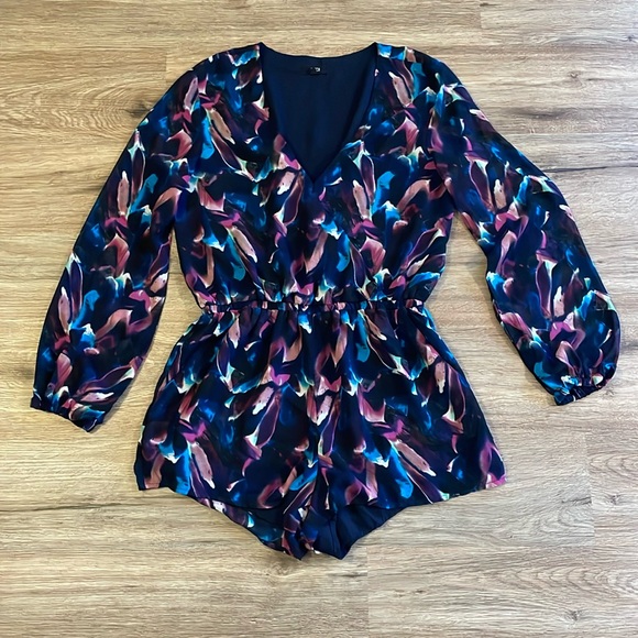 Luca Couture Watercolor Low Cut Sheer Arm Romper - Picture 5 of 15